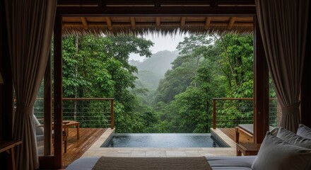A luxury hotel room or villa with a private plunge pool on a balcony overlooking a lush, rainy tropical jungle, offering a serene and exotic travel escape.