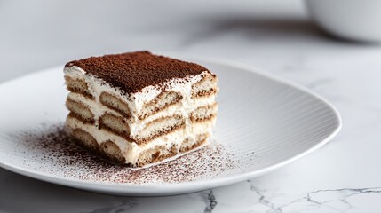 Elegant slice of tiramisu on white porcelain plate, minimalist marble background, soft daylight