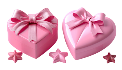 Two heart-shaped gift boxes, pink, with ribbons, and stars