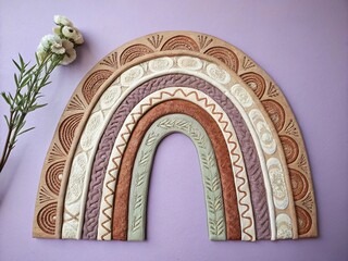 A whimsical handmade ceramic rainbow wall decor with intricate patterns, adding a touch of bohemian charm to any space