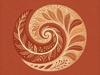 A captivating circular design featuring a swirling spiral of leaves in warm earth tones, creating a natural and organic aesthetic on a terracotta backdrop