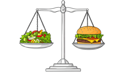 A vintage-style illustration depicts a balance scale with a salad on one side and a hamburger on the other