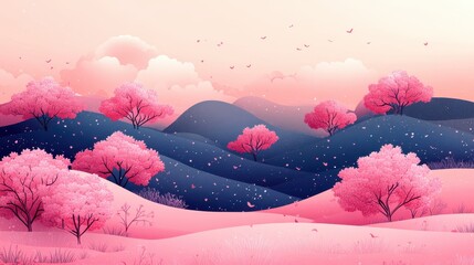 Serene Pink Landscape with Cherry Blossom Trees and Rolling Hills