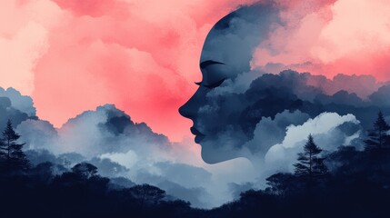 Dreamy Landscape Silhouette with Abstract Clouds and Colors