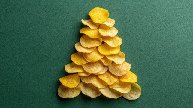 A Christmas tree created from layered, yellow potato chips, set against a dark green background with copy space.