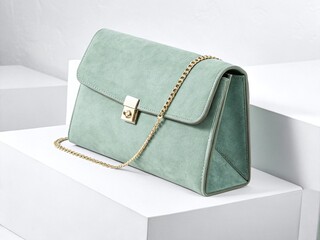 Elegant mint green clutch bag with a golden chain strap, isolated on white background, perfect for adding a touch of sophistication to any outfit