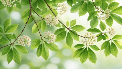 Delicate white blossoms and lush green leaves create a serene and refreshing spring background, perfect for naturethemed designs and springtime projects