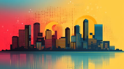 Urban skyline silhouette with colorful background and reflection