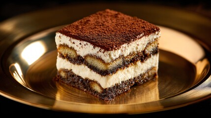 Tiramisu layered dessert cube on golden reflective plate, luxury styling