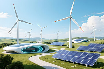 Futuristic Green Energy Farm: Wind Turbines and Solar Panels