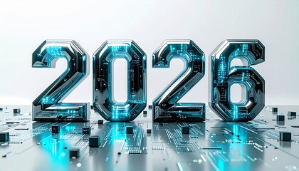 Futuristic concept of the year 2026 with glowing blue chrome numbers on a high-tech circuit board background representing innovation