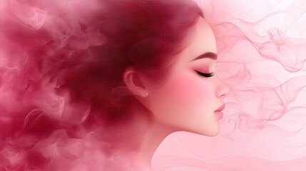 Ethereal Beauty with Flowing Pink Hair and Soft Smoke Background