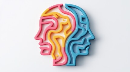 Colorful labyrinth in the shape of a human head isolated on white background, symbolizing the complexity of the human mind and mental health issues
