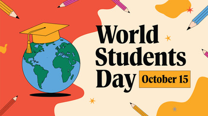 Vector art of world students day on october 15, featuring a globe with a graduation cap, pencils, and colorful abstract shapes, celebrating global education and learning