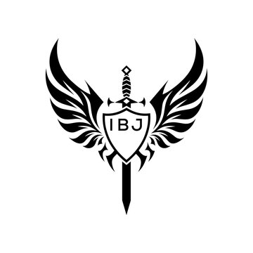 Winged Sword and Shield Logo Design, Tribal Warrior Emblem Vector, IBJ Later Logo, 
