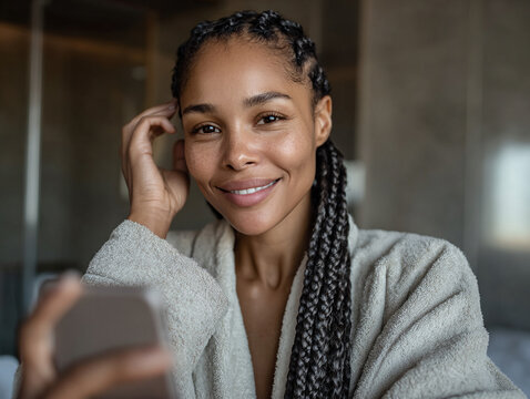 Woman with braids taking selfies during skincare routine