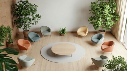 A spacious waiting area with chairs arranged around a round table, surrounded by lush green plants and natural light creates a welcoming atmosphere