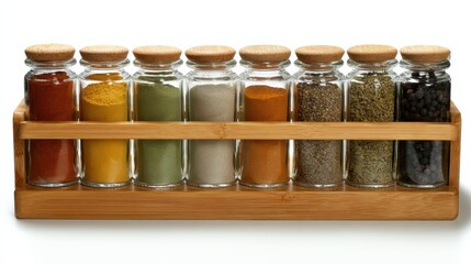 Colorful spice jar set displayed in wooden holder for culinary inspiration