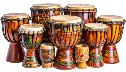Group of handcrafted wooden drums, various sizes.  Colorful painted designs on the drums
