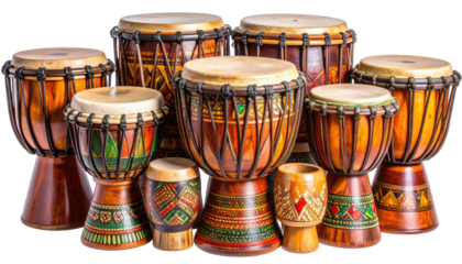 Group of handcrafted wooden drums, various sizes.  Colorful painted designs on the drums