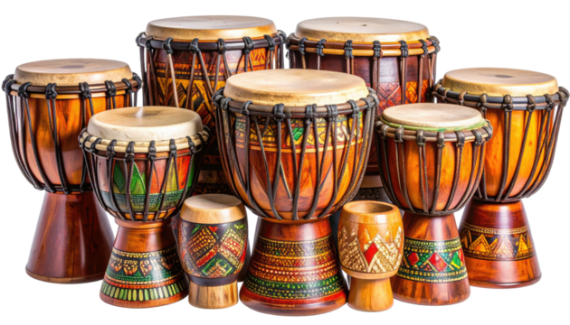 Group of handcrafted wooden drums, various sizes.  Colorful painted designs on the drums