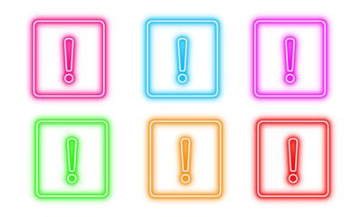 Neon glowing exclamation mark vector icons set, warning, attention, caution, danger, alert, important, vibrant colorful illustration on transparent background.