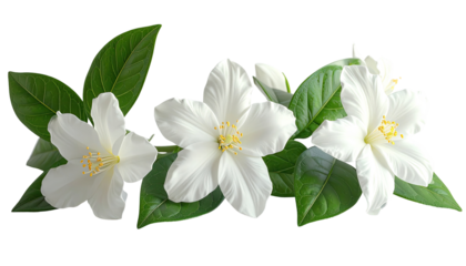 Close-up of three white jasmine flowers with leaves