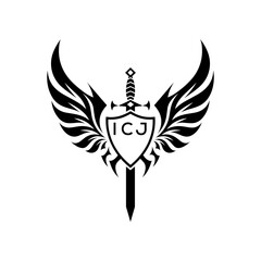 Winged Sword and Shield Logo Design, Tribal Warrior Emblem Vector, ICJ Later Logo, 
