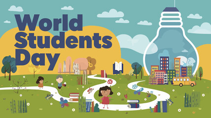 Vector art of world students day illustration with children, books, and a lightbulb symbolizing knowledge and education, set against a colorful landscape