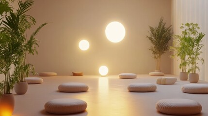 Zen meditation space with round cushions and plants, illuminated by soft, glowing lights creating a serene and calming atmosphere for relaxation