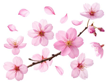 Delicate pink cherry blossoms, petals, and branch.  Soft focus, close-up view of numerous blossoms, and detached petals scattered in the air