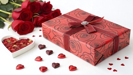A beautifully wrapped red gift box with roses pattern, adorned with a ribbon and bow, surrounded by red roses and heartshaped chocolates on white surface