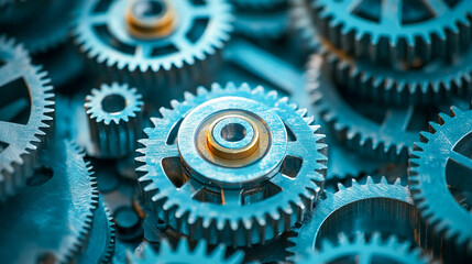 A system of gears. The gears are tightly intertwined, suggesting a complex mechanism. The driving force and consistency of the mechanism.