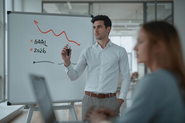 Focused man sketches 2026 goal diagrams on whiteboard in collaborative bright office