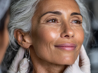 Elderly white woman getting a collagen injection in a dermatologists office, sterile and minimal setting