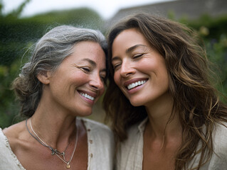 Friends spraying toner mists at each other in garden, laughing