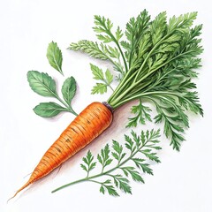 A vibrant and detailed illustration of a fresh carrot with its green leaves, isolated on white background, showcasing its natural beauty