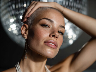 Bald woman applying shimmer on scalp under disco light