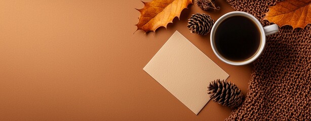 modern creative concept - Autumn Coffee Scene with Blank Card and Pine Cones cozy lifestyle inspiration photography