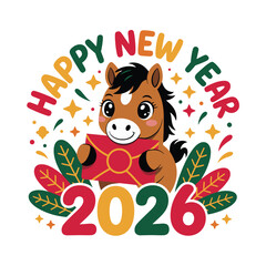 Happy New Year 2026 Cute Cartoon Horse Vector – Adorable Animal Character Holding Red Envelope with Festive Leaves Illustration