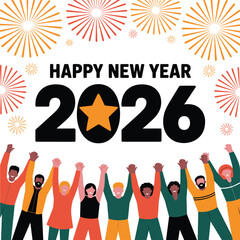 Happy New Year 2026 Celebration Vector – Diverse People Holding Hands with Fireworks and Star Design