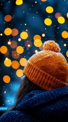 real lifestyle portrait - Cozy Winter Evening with Warm Knitted Hat and Festive Lights cozy lifestyle inspiration photography