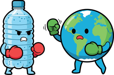 Cartoon illustration plastic bottle fighting Earth, boxing gloves environmental pollution concept, climate change awareness artwork, cute planet conservation design, sustainability vs plastic waste