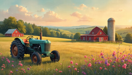 Obraz premium Vintage farm landscape with teal tractor barn silo and meadow flowers. Golden hour light scene, rolling hills view. Peaceful rustic farm illustration for posters and prints.