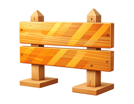 A cartoonish wooden barricade with a blank sign.  The barricade is a light orange-brown.  Diagonal orange/yellow stripes are on the horizontal sign face.  Simple wooden posts support the barricade