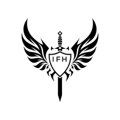 Obraz premium Winged Sword and Shield Logo Design, Tribal Warrior Emblem Vector, IFH Later Logo, 
