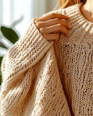 trending cozy fashion outfit - Cozy Knitted Sweater Detail: Warm Beige Wool Texture Close-up cozy lifestyle inspiration photography