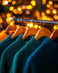 trending cozy fashion outfit - Cozy Wool Sweaters on Wooden Hangers with Warm Bokeh Lighting cozy lifestyle inspiration photography