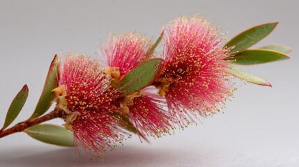 Close up of vibrant pink flowering branch with green leaves on neutral background