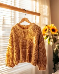 trending cozy fashion outfit - Cozy Hand-Knit Sweater Hanging in Sunlit Room with Sunflowers cozy lifestyle inspiration photography
